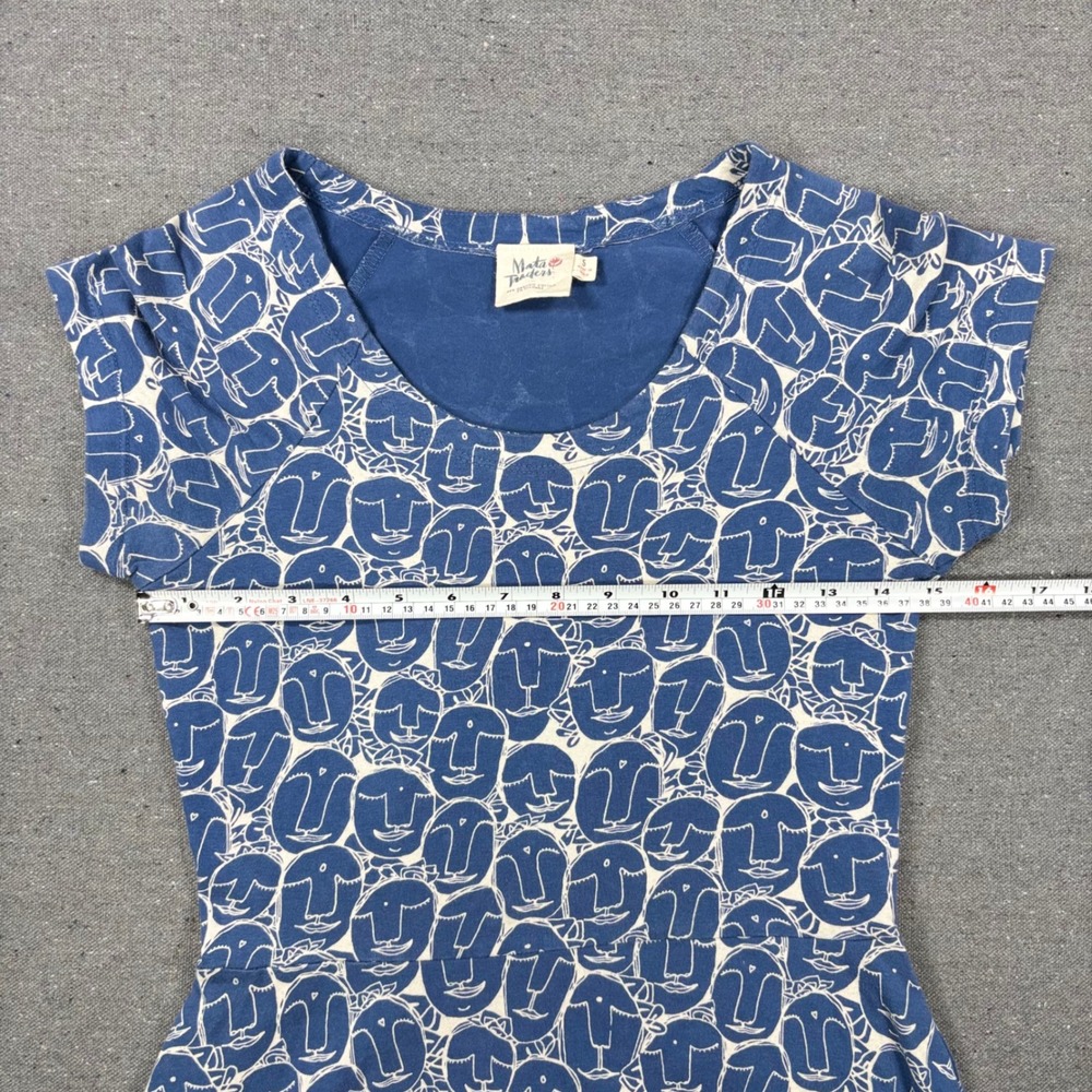 Mata Traders Fit Flare Dress Women Small Blue Abstract Face Organic Cotton Print - Picture 5 of 7